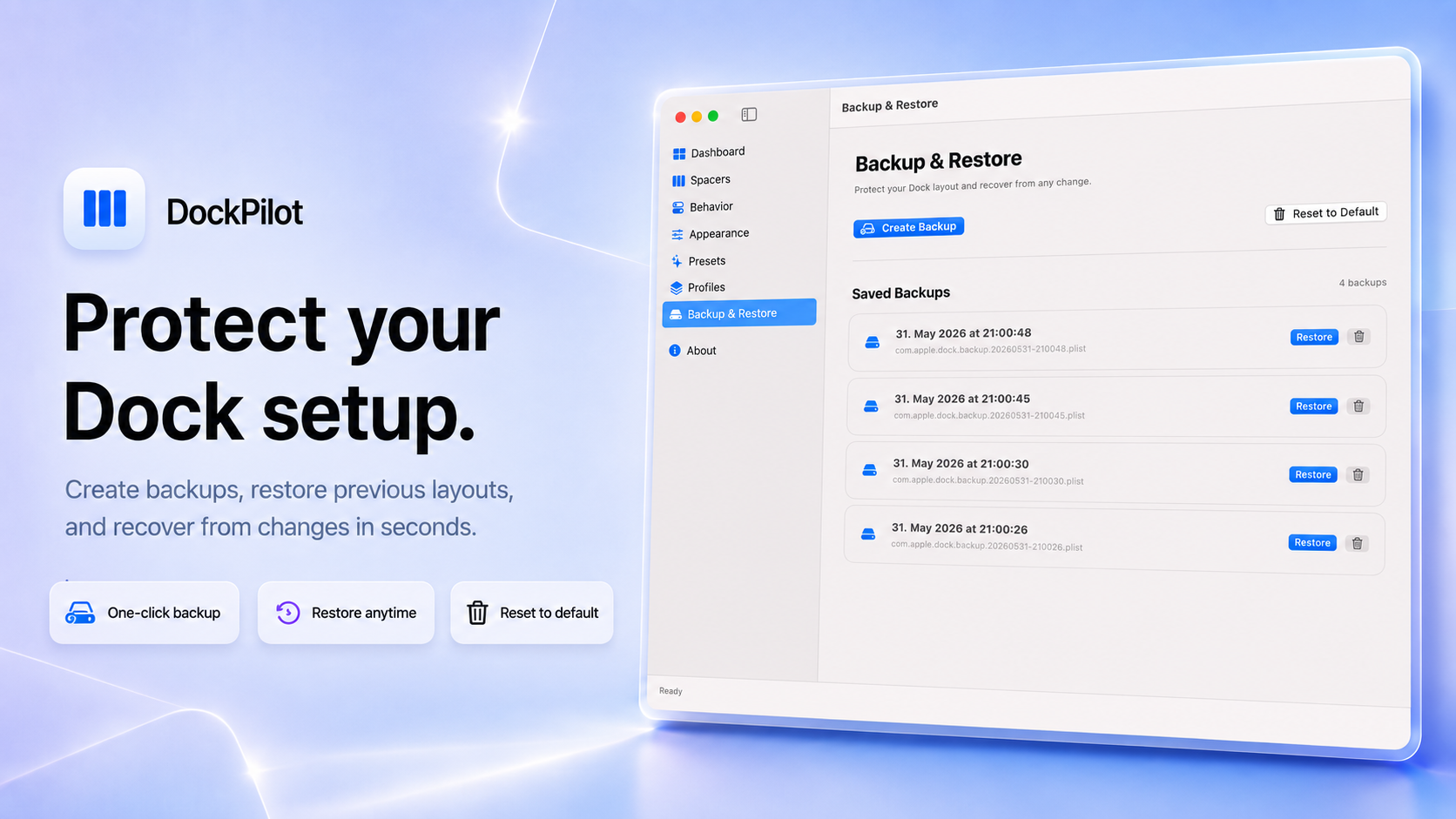 DockPilot Pro Backup and Restore Screen