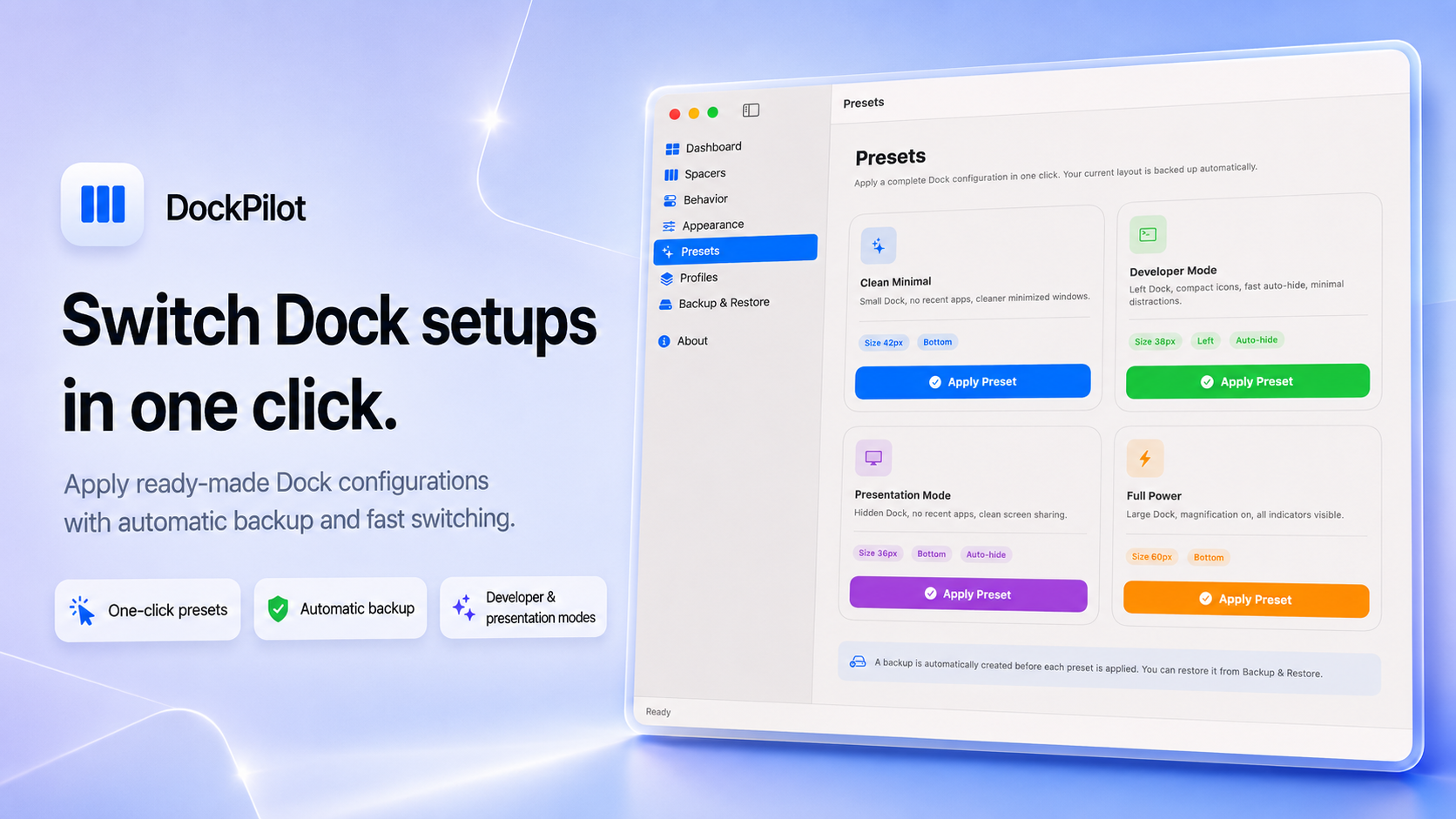 DockPilot Pro Presets Screen